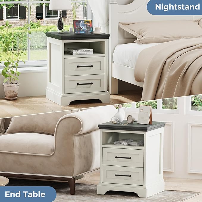 DUMOS Nightstand with Charging Station, Wood Farmhouse Bedside Table with 2 Drawers and Open Shelf, Wood End Table, Modern Side Table for Bedroom, White