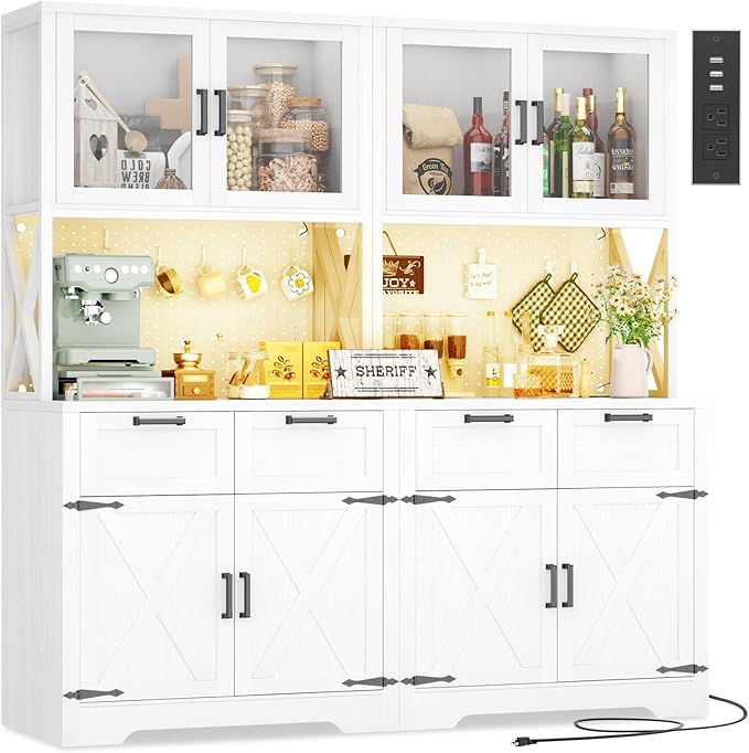 Unikito 71" Tall Kitchen Pantry Storage Cabinet with LED Light & Outlet, 63" Wide Kitchen Hutch Cabinet with Large Countertop, DIY Pegboard and Drawers, Farmhouse Food Pantry for Living Room, White
