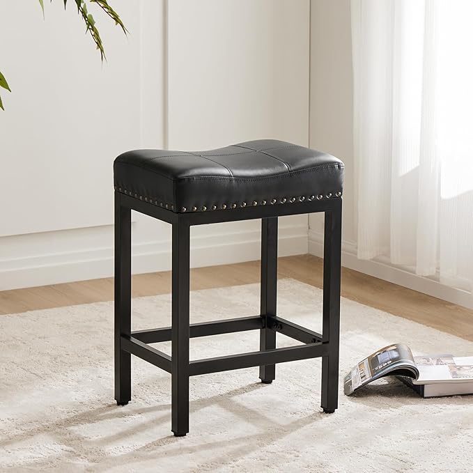 Sweetcrispy 24 inch Bar Stools Set of 4, Upholstered Modern Counter Height Bar Stools for Kitchen Island Modern PU Leather Sadless Stools Chair with Metal Base and Footrest,Black