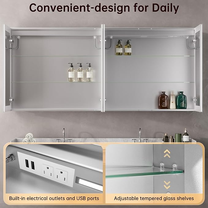 72"x32" Medicine Cabinet Mirror, LED Lighted Medicine Cabinet with Electrical Outlet＆USB, Anti-Fog, 3 Colors Temperature Stepless Dimmable, Aluminum Cabinet for Storage and Mordern Decor