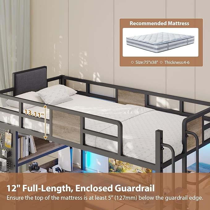 Dnxao Twin Loft Bed with Desk and 5 Storage Drawers,Loft Bed Twin Size with LED Lights and Charging Station, Metal Bunk Bed Frame with Ladder, Clothes Rail,Noise Free,Oak Gray