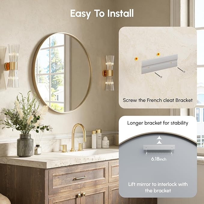 USHOWER Gold Bathroom Mirrors for Over Sink, 36 Inch Circle Mirror with Metal Frame, Wall Mirror for Vanity, Entryway, Living Room, Hallway and Bedroom Decor