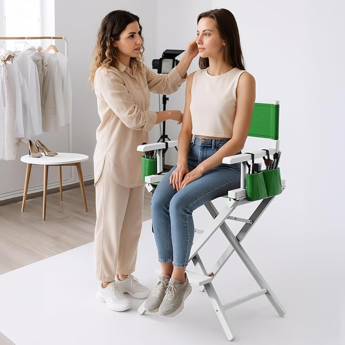 OmySalon 26" H Tall Directors Chair, Wooden Portable Folding Makeup Chair w/Storage Pouch & Footrest, Professional for Salon/Events/Mobile Services, 250lb Capacity, Olive Green Canvas & White Frame