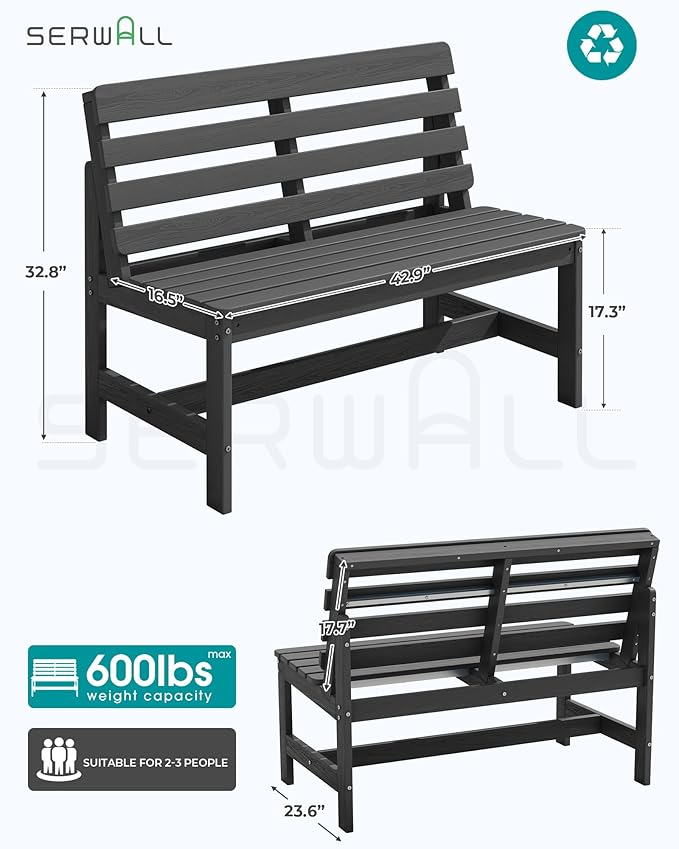 SERWALL Outdoor Bench, All Weather HDPE Outdoor Benches, 2-Person Armless Porch Bench with 600 lbs Weight Capacity, Patio Benches for Outdoors, Porch, Park and Dining, Grey, 2 Pack