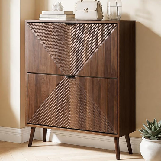oakvivo Shoe Cabinet Storage, Farmhouse Freestanding Organizer with 2 Flip Drawers and 4 Wooden feet, Narrow Shoe Rack Cabinet for Entryway, Foyer, Hallway, Walnut