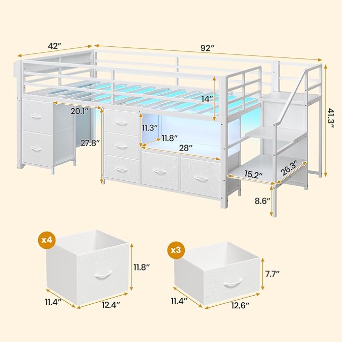 ADORNEVE Low Loft Bed Twin Size with Stairs,7 Drawers, Bookcase and LED Lights, Metal Kids Loft Bed with 14" H Safety Guardrail,Inclined Ladder and Play Curtain, Under-Bed Play Space, White