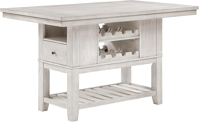 Lexicon 60" Farmhouse Counter Height Dining Table for 6, Solid Wood Frame Acacia Veneer Rectangular Dining Table with Wine Storage, Drawers, and Open Shelves, Brushed Antique White