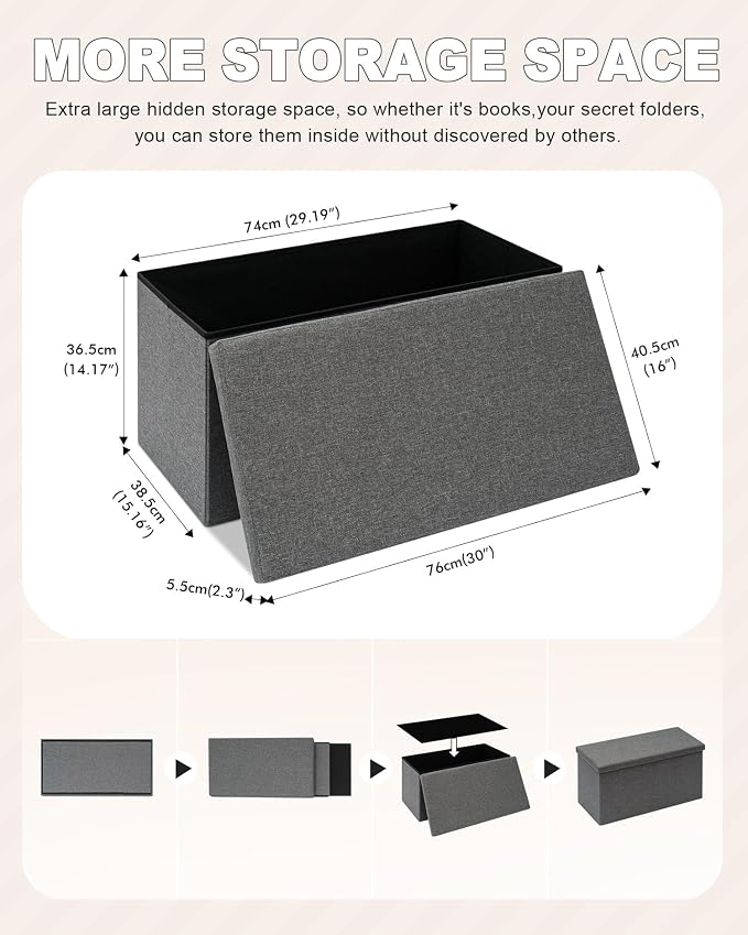 B FSOBEIIALEO Storage Ottoman with Tray, Linen Coffee Table Folding Long Shoes Bench Footstool, Dark Grey 30"x15.74"x15"