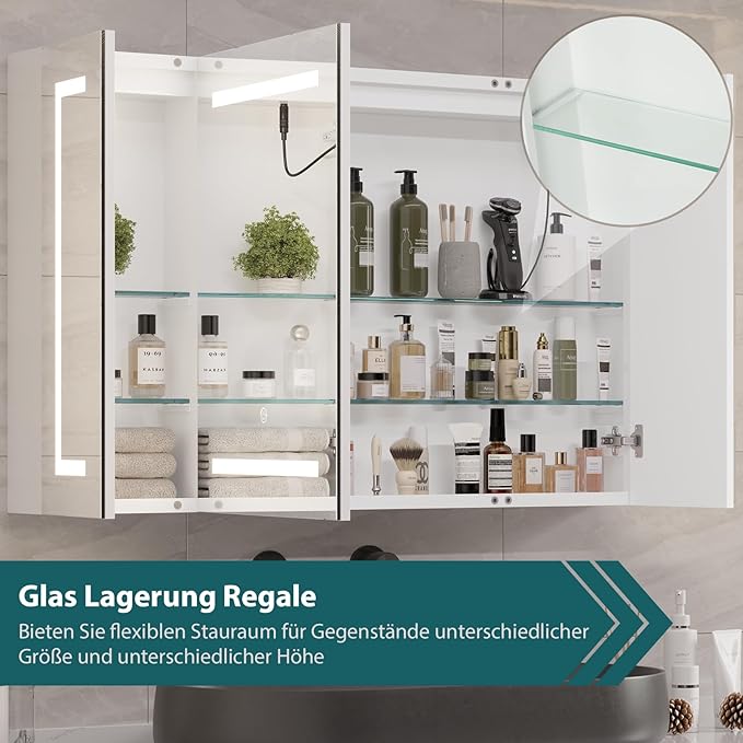 DICTAC Medicine Cabinet with Mirror and LED Light, Wall Mounted Bathroom Mirror with Storage, 3 Doors Bathroom Wall Cabinet, Memory Dimmable 3 Color Temp, Adjustable Shelves, 39.4''x23.6''