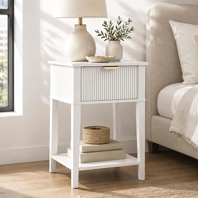 Modern Fluted Small Wood Nightstand, 11.8" Deep x 15.4" Narrow Bedside Table with Drawer & Open Shelf, Farmhouse Chic Accent Side Table for Bedroom & Sofa - White