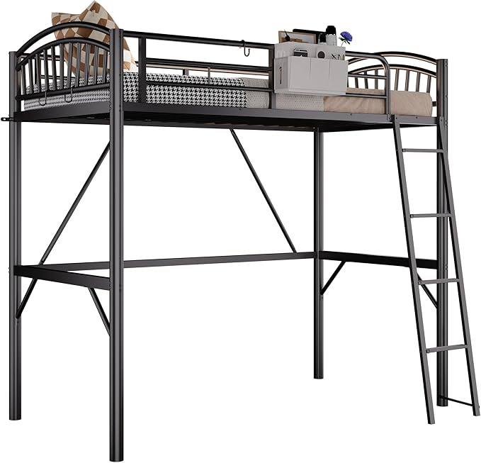 Decofy Metal Loft Bed Twin Size, Heavy Duty Loft Bed with Bedside Caddy, EVA Anti-Slip Ladder with Sturdy Guardrails, Space-Saving Twin Size Loft Bed for Teens & Adults for Bedroom Dorm (Black)