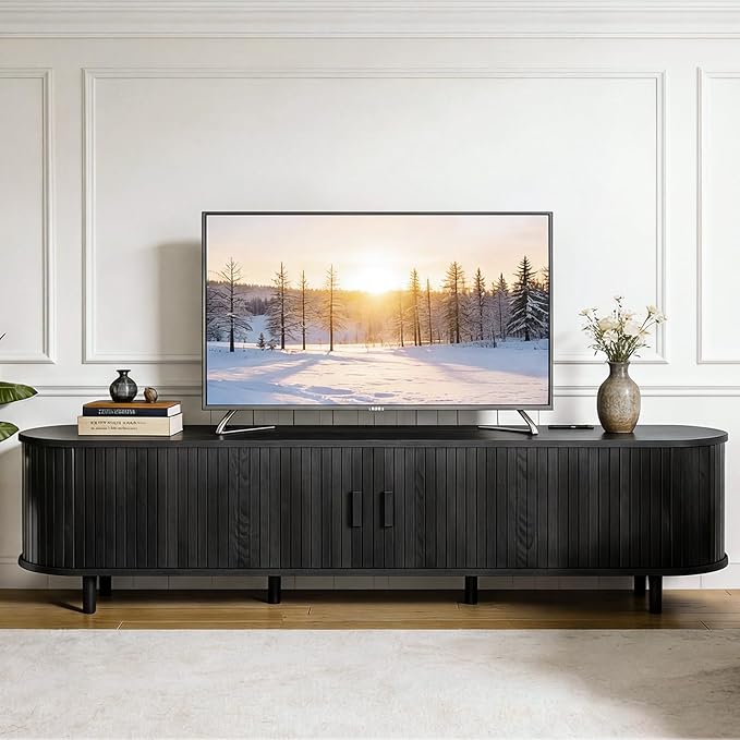 80" Mid Century Modern TV Stand, Wood TV Consoles with Sliding Doors and Power Outlet, Fluted Entertainment Center with Adjustable Shelves, Media Console for Living Room, Black