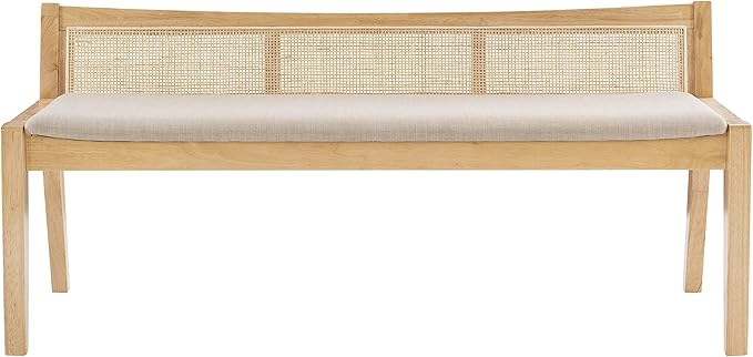 Powell Kasi Natural Low Back Cane Bench with Beige Upholstered Seat