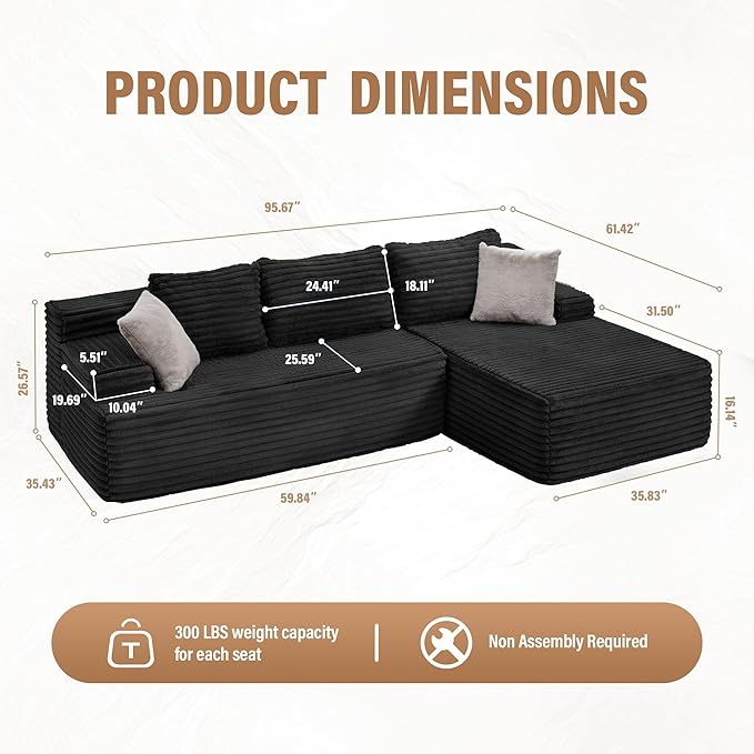 Hobestluk Modular Sectional Sofa Boneless Couch L-Shape Couch 3 Seat Modular Couch Memory Foam Sectional Couches for Living Room Furniture, Cloud Couch with Chaise Lounge (96" Right Facing Chaise)