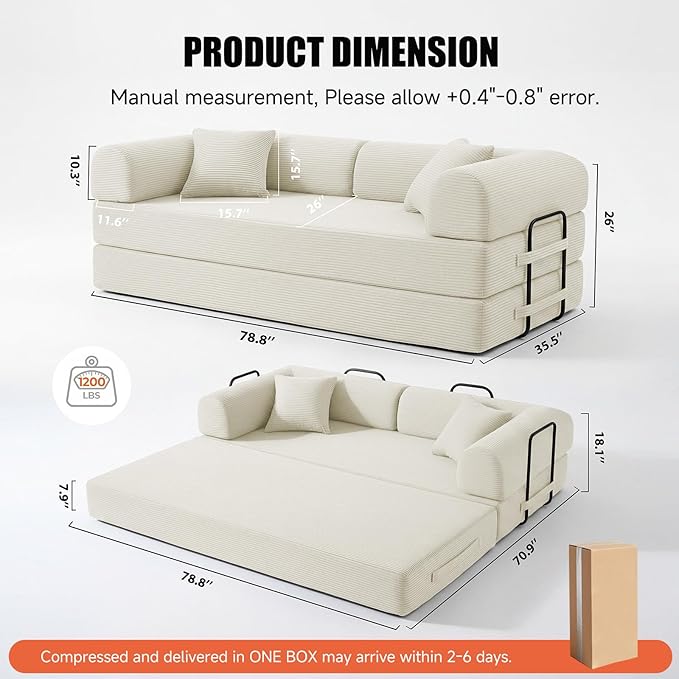79" Compressed Sofa, Convertible Sofa Bed, Corduroy Compression Boneless Couch with Pillow, Comfy Modular Foldable Floor Sleeper Sofa for Bedroom, Living Room, Lounge, Studio (White)