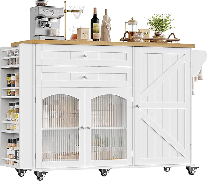FINETONES Kitchen Island with Storage, Rolling Kitchen Island on Wheels with Wood Drop Leaf Countertop, Island Table Bar Cart with Spice Towel Rack Portable Kitchen Table Kitchen Carts on Wheels