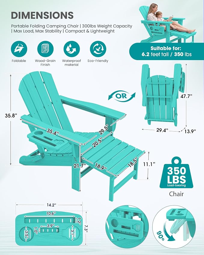 SERWALL Folding Adjustable Adirondack Chairs with Footrest Set of 4, HDPE Outdoor Chair with 4-in-1 Cup Holders, All Weather Adirondack Chair with Ottoman, Aruba