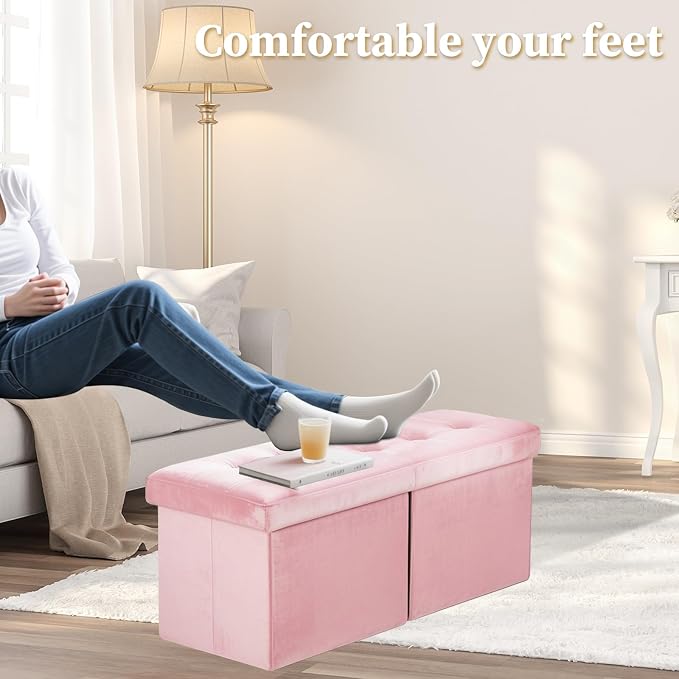 Bsketa Storage Ottoman Bench with Folding Lid Ⅲ, Foot Stools Opens on Both Ends, Footrest Foldable Velvet Chest for Living Room, Bedroom, Entryway, End of Bed Storage Blanket Ottomans Pink