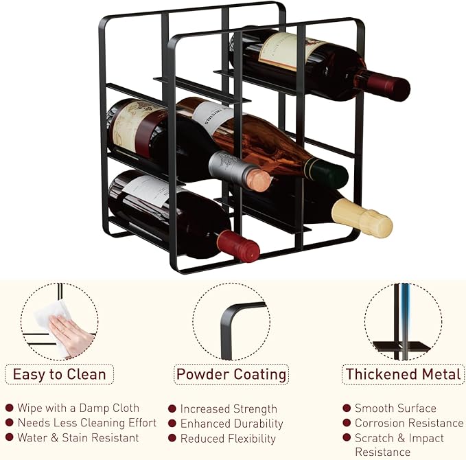 Buruis 9-Bottle Wine Rack, Modern Metal Countertop Wine Holder Stand for Kitchen, Pantry & Cabinet Storage, No Assembly Required, Black