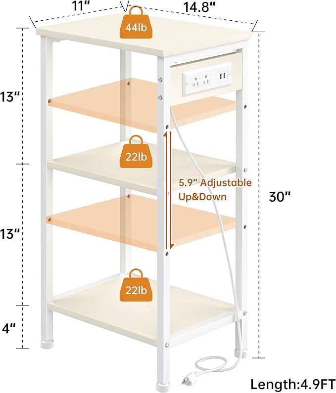 Asgolion Tall End Table with Charging Station, 3 Tier Narrow Tall Nightstand with Storage, Slim Side Table for Bedroom, Living Room, Nursery, Office, Cream White