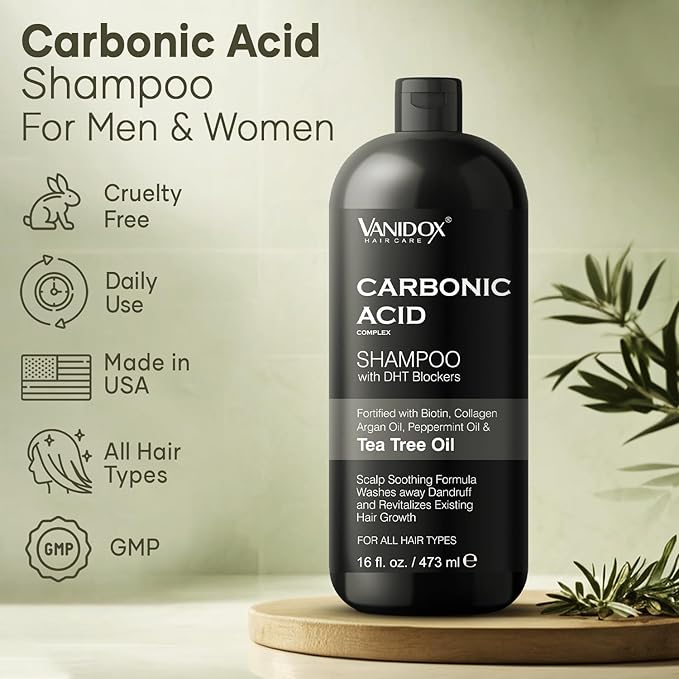 Carbonic Acid Shampoo for Men and Women with DHT Blockers - Made in USA - Stimulates Hair Growth, Scalp Exfoliator, Sulfate Free Shampoo with Biotin and Tea Tree Oil (16 Fl Oz)