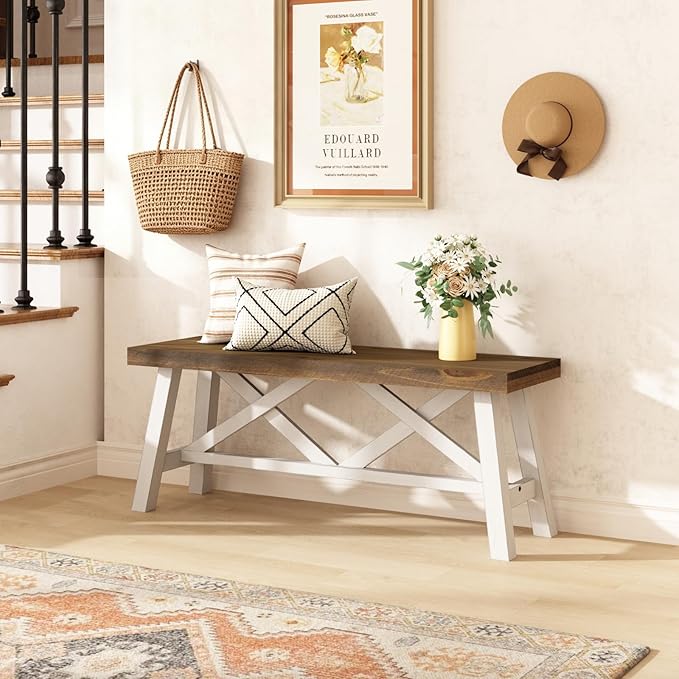 Wnutrees 43" Farmhouse Wood Bench, Rustic Solid Wood Entryway Bench Seat with Double X-Structure for Dining Area Living Room Hallway, Structural Stability, White
