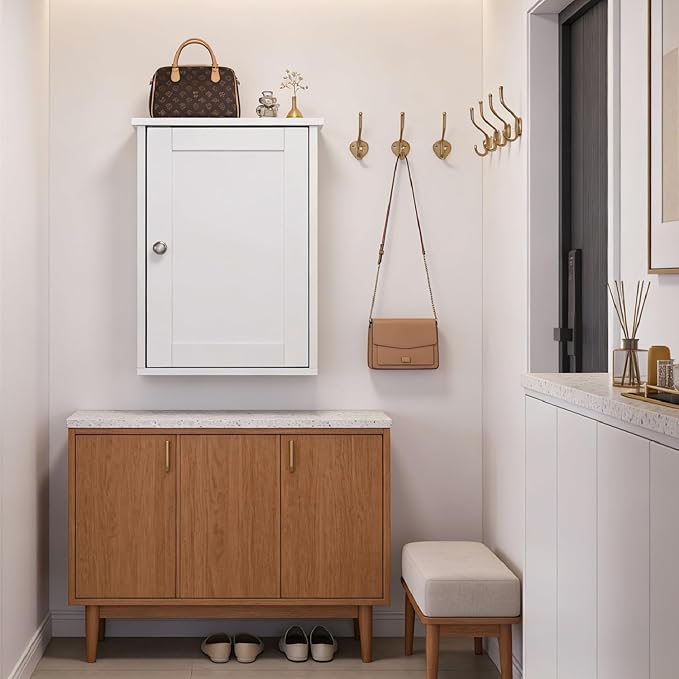 VINGLI Bathroom Wall Cabinet, White Medicine Cabinet with Single Door, Small Over Toilet Storage Organizer with Adjustable Shelf, Hanging Kitchen Cupboard for Laundry Room, 13.7x7.5x19.7 Inch