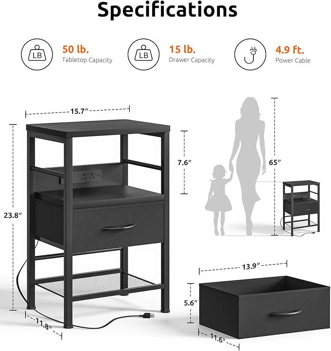 Lazzanto Nightstands Set of 2 with Charging Station, Bedside Tables with Open Shelf & Hooks, End Tables with USB-C USB-A Ports AC Outlets, Night Stand for Bedroom with Fabric Drawer, Black