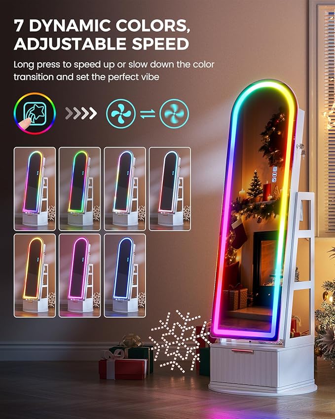 Dystler Arched Jewelry Cabinet with RGB Full-Length Mirror, 360° Swivel Standing Jewelry Armoire with Shelves & Drawer, Lockable Jewelry Organizers and Storage with Remote Control, White