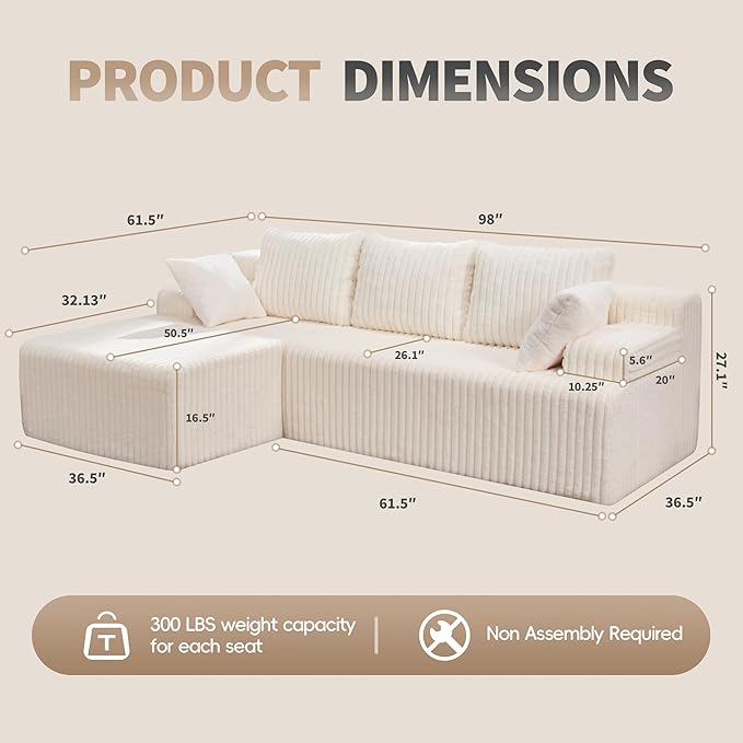 Hobestluk Modular Sectional Sofa Boneless Couch L-Shape Couch 3 Seat Modular Couch Memory Foam Sectional Couches for Living Room Furniture, Cloud Couch Lounge (White Stripe, 98" Left Facing Chaise)