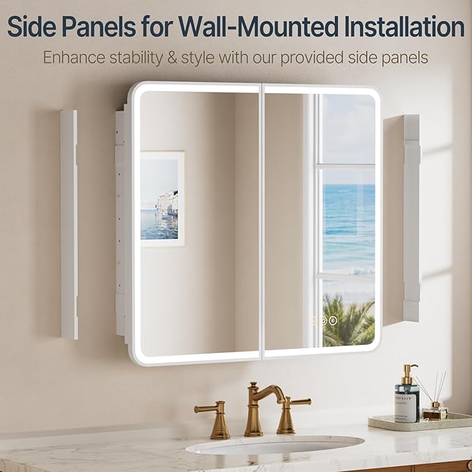 32x30 Inch Medicine Cabinet with Mirror, Recessed or Surface Mount Bathroom Medicine Cabinet with LED Lights, Anti-Fog, Memory Function, Adjustable Shelf, Dimmable Light, ETL Listed, White