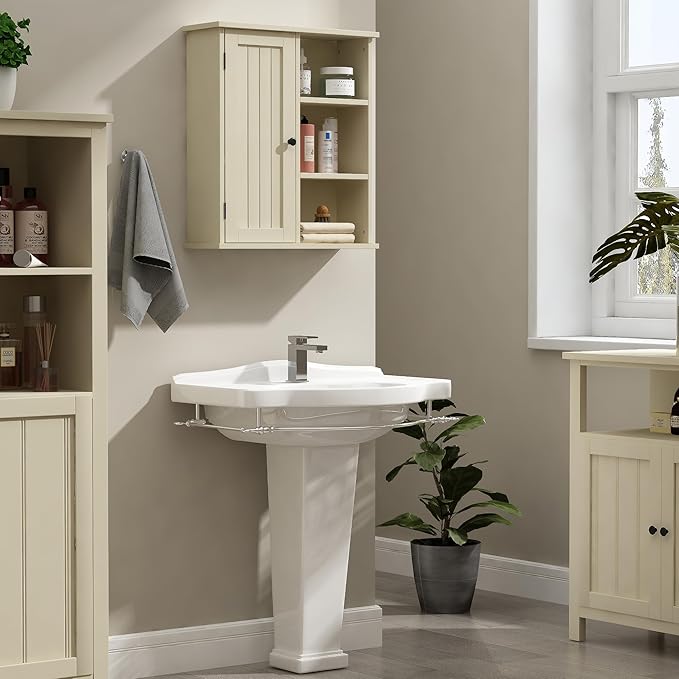 Treocho Bathroom Wall Cabinet, Medicine Cabinet with Door and 3 Open Shelves, Wall Mounted Storage Organizer for Bathroom, Kitchen, Living Room, Yellow