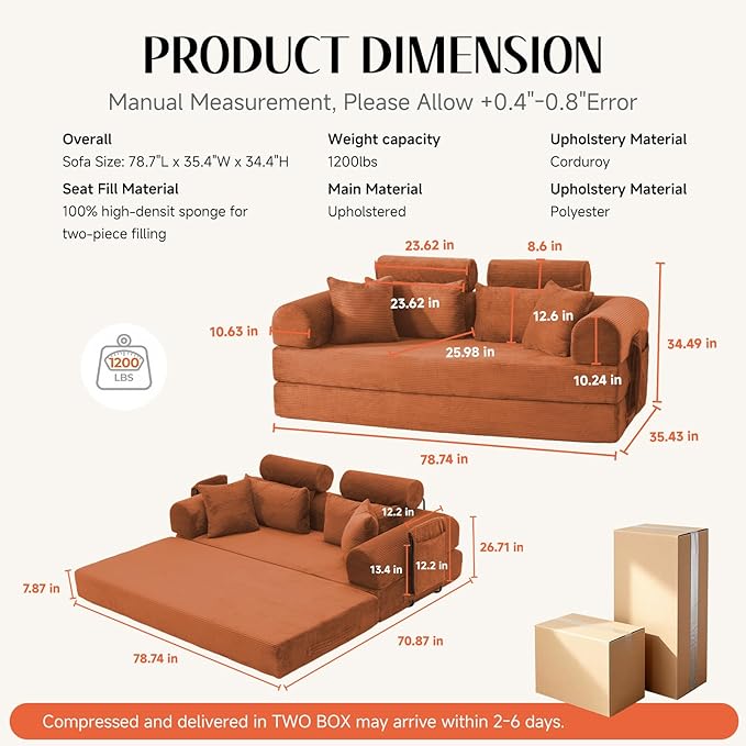 79" Convertible Boneless Couch for Small Spaces, 6-in-1 Corduroy Sofa Bed with High Backrest, Pillows, High-Density Foam Loveseat Sleeper Couch in a Box for Living Room, No Assembly, Orange