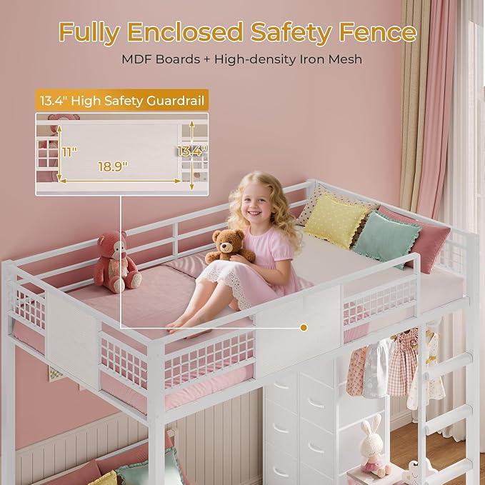 ADORNEVE Bunk Bed Twin Over Twin Size with 8 Storage Drawers, Twin Bunk Beds with Led Lights & Storage Shelves, Metal Loft Bed with 13.4" H Safety Guardrail & Ladder, for Kids & Teens, White