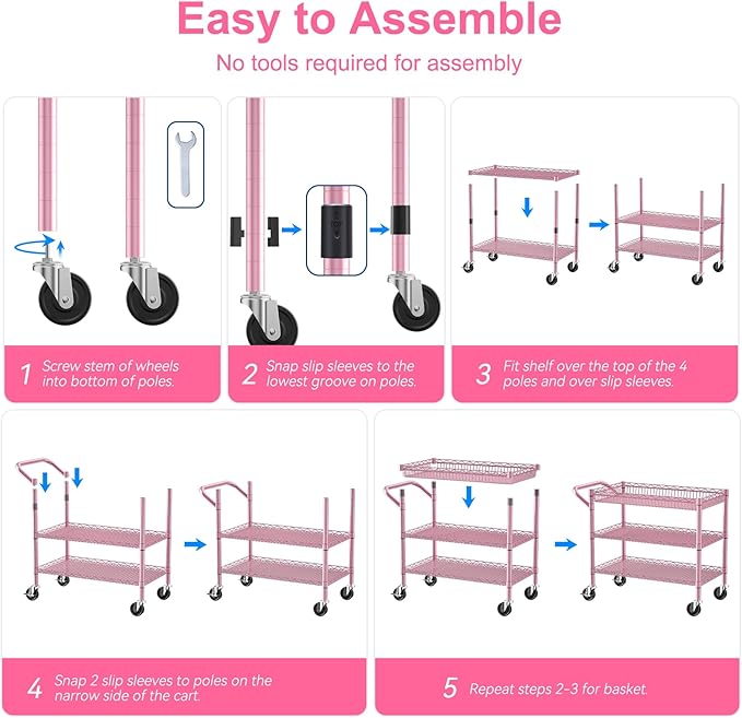 WDT Pink Rolling Utility Cart with Wheels, 990Lbs Heavy Duty Metal Cart with Handle & Shelf Liners, NSF Certified 3-Tier Storage Trolley for Esthetician, Kitchen, Salon & Craft Room, Pink