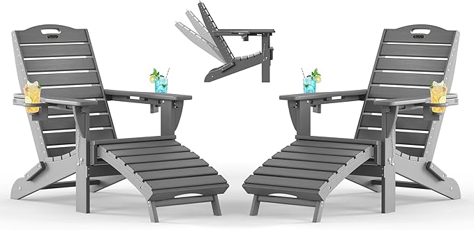 Adjustable Adirondack Chairs Set of 2 with Retractable Ottoman, HDPE Folding Adirondack Chair with Cup Holders, Weather Resistant for Backyard, Poolside & Fire Pit (Grey)