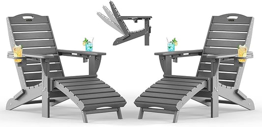 Adjustable Adirondack Chairs Set of 2 with Retractable Ottoman, HDPE Folding Adirondack Chair with Cup Holders, Weather Resistant for Backyard, Poolside & Fire Pit (Grey)