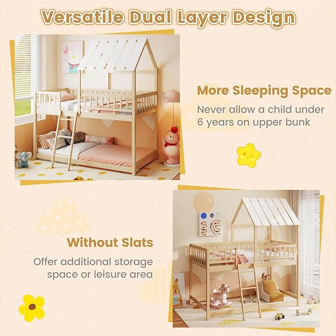 Giantex Twin Over Twin House Bunk Bed, Low Loft Bed Frame with Roof, Wood Bunk Bed with Ladder & Full-Length Guardrails, Twin Floor Bed for Kids Teens Boys Girls, No Box Spring Needed (Natural)