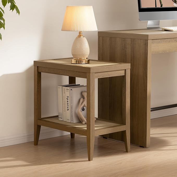 SICOTAS Rattan Night Stand Bedside Table - Farmhouse Boho Narrow End Table for Living Room - Accent Side Table with 2 Open Storage Shelves for Bedroom, Small Spaces