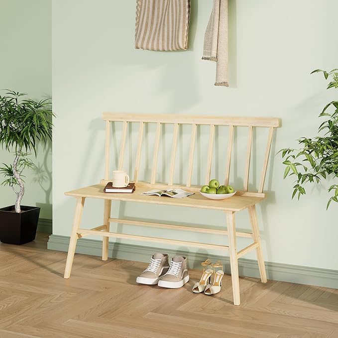 APRTAT Bamboo Entryway Bench, Farmhouse Dining Bench with Spindle Back 3 Person Indoor Bench Chair Wood Windsor Bench Durable Easy Assembly for Foyer Balcony Hallway Living Room (Natural)