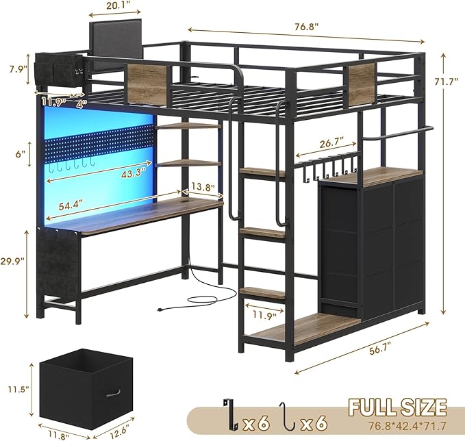 BYSAUD Full Size Loft Bed, Loft Bed with Desk, Full Loft Bed, 6 Storage Drawers & 4 Storage Shelves & 2 Storage Bags, LED Lights & Charging Station, Safety Guard & Ladder, Noise Free, Oak Gray