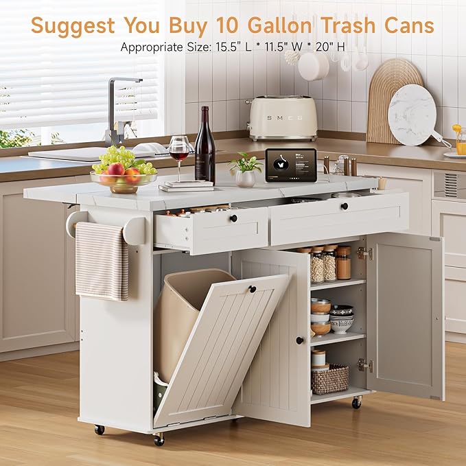60" Kitchen Island with Power Outlet & Drop Leaf, Kitchen Rolling Island with Spice Rack & Towel Rack, Knife Holder, Kitchen Island Cart with Trash Storage Cabinet, Mobile Island Table for Kitchen