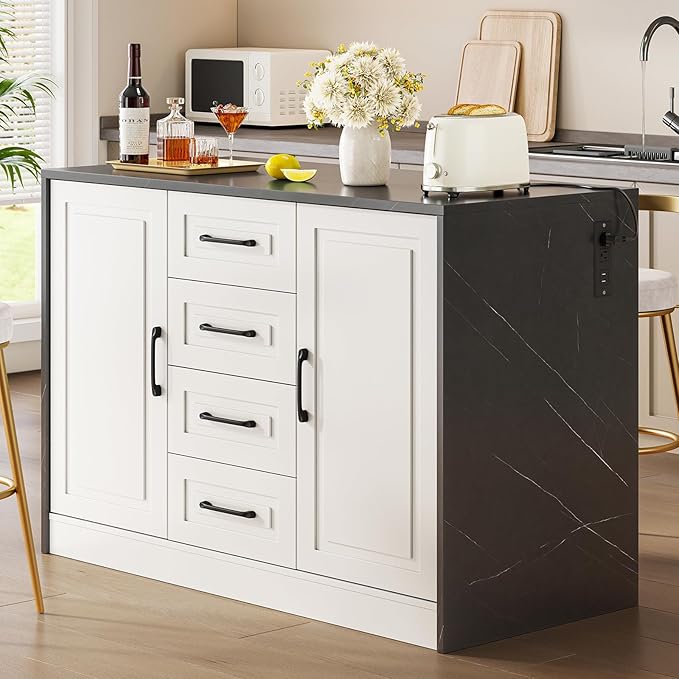 ONBRILL 47.3" Kitchen Island with 2 Storage Cabinets & 4 Drawers, Modern Imitation Marble Dining Table with Power Outlet, Island Bar Table for Kitchen, Dining Room, Living Room, Black