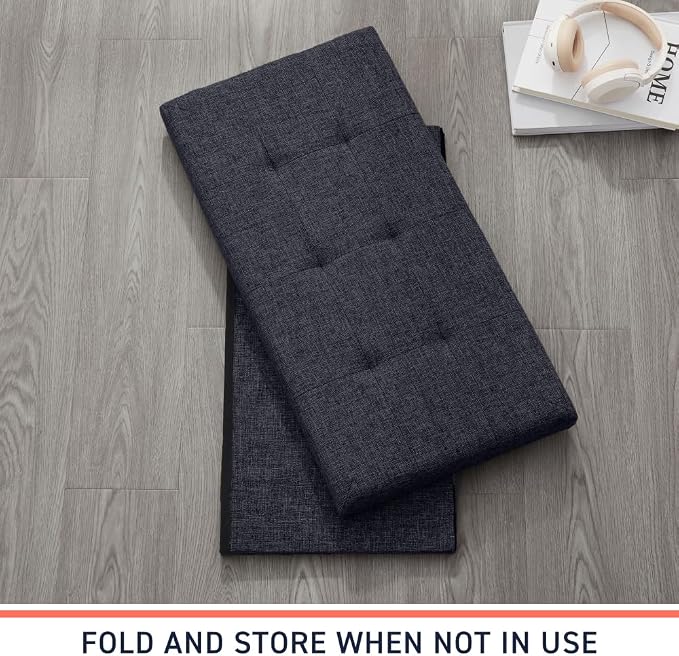 Ornavo Home Foldable Tufted Linen Large Storage Ottoman Bench Foot Rest Stool/Seat - 15" x 30" x 15" (Black)
