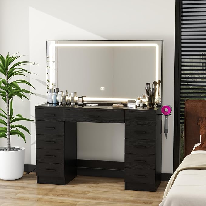 Panana Vanity Desk with 11 Drawers, Glass Top Makeup Table with Mirror and LED Lights Vanity with Stool 3 Lighting Modes Brightness Adjustable Dressing Table with Power Outlet (Black)