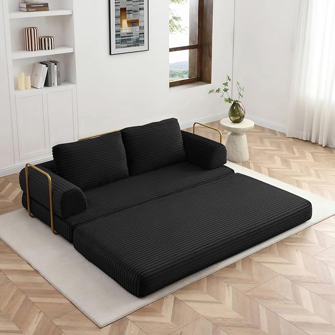 HANXIN 80 Inch Convertible Sleeper Sofa Bed, High Back Plush Corduroy Folding Floor Mattress Couch with Fixed-Shape Frame, Boneless Futon Loveseat with Pull Out Bed, No Assembly Required (Black)