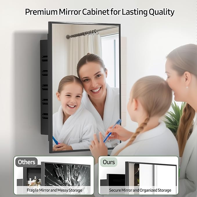 NLShan Medicine Cabinet Mirror for Bathroom: Recessed Vanity Bathroom Cabinet with Mirror Door - Black Metal Framed and Wall Mounted Design with Adjustable Shelves for Bathroom Storage