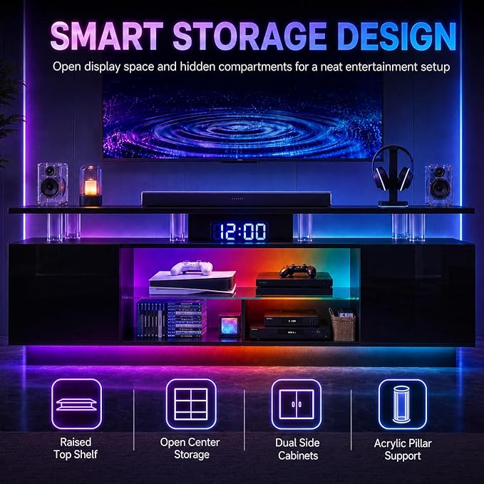 80” High-Glossy TV Stand with 2 Side Cabinets, Storage Entertainment Center, Modern Stylish TV Console with 3 Layer LED Lights&Power Outlets,Remote&APP Control for Living Room Use Black