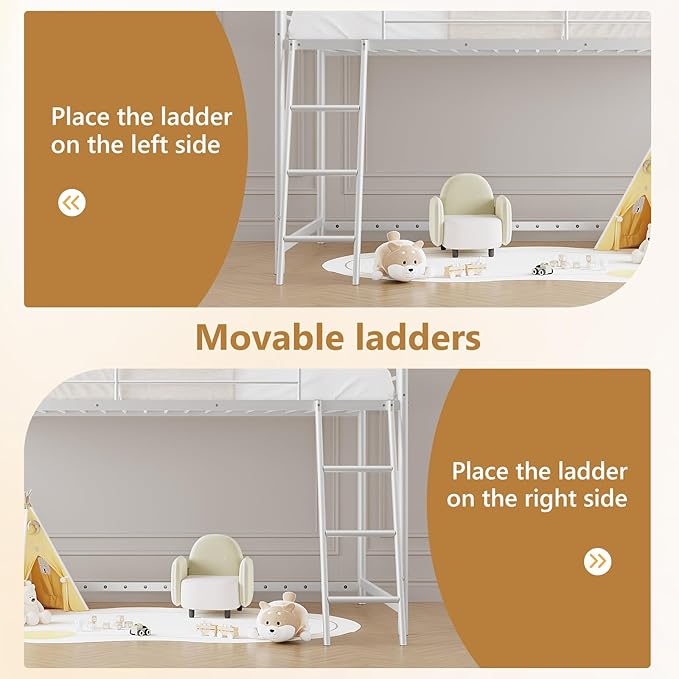 JOYMOR Low Loft Bed with Inclined Ladder, Metal Twin Size Bed Frame with 15” High Guardrail for Boys Girls, Junior, Space Saving, Mattress Not Included (White)