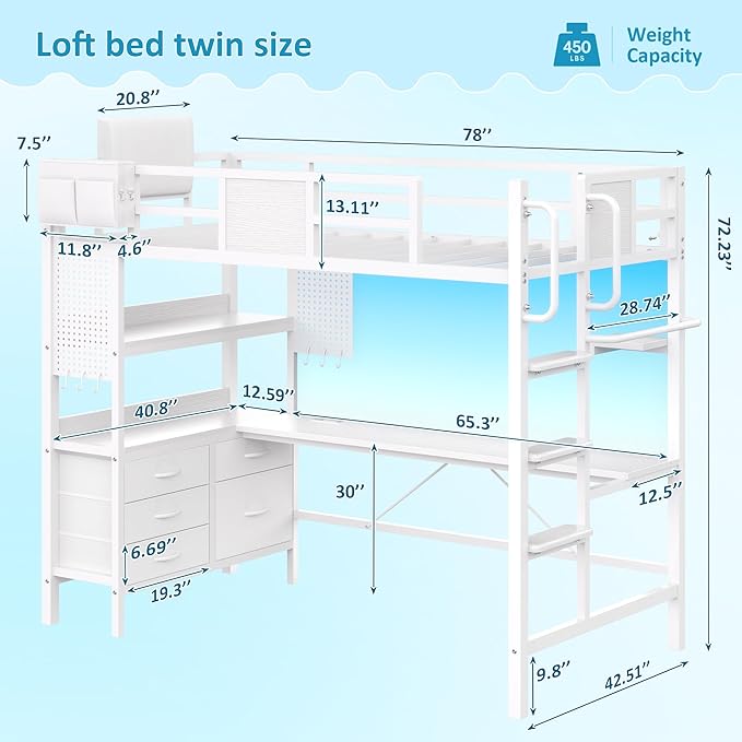 busyaeh Loft Bed with Desk,Twin Loft Bed with Desk & LED Lights and Charging Station,Bunk Bed with Desk & 5 Large Drawer Cabinets and 2 Open Shelves,Loft Bed Twin Size with Safety Guard Ladder,White